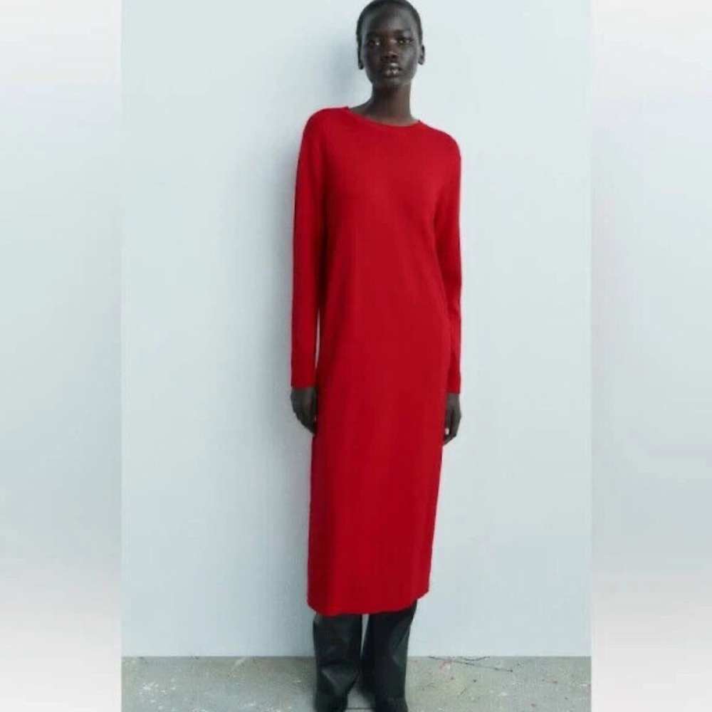 NWT Zara Red Long Sleeve Maxi Sweater Knit Dress | S